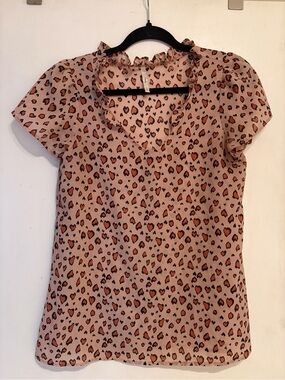 Trinity Pink Leopard Print Ruffle Neck Short Sleeve Blouse